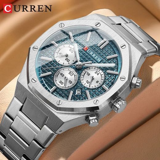 Curren Montre Homme De Luxe, Bracelet En Acier Inoxydable, Grand Écran, Horloge à Quartz, Avec Pointeur Lumineux , Affichage Analogique, Chronographe Argent Avec Calendrier