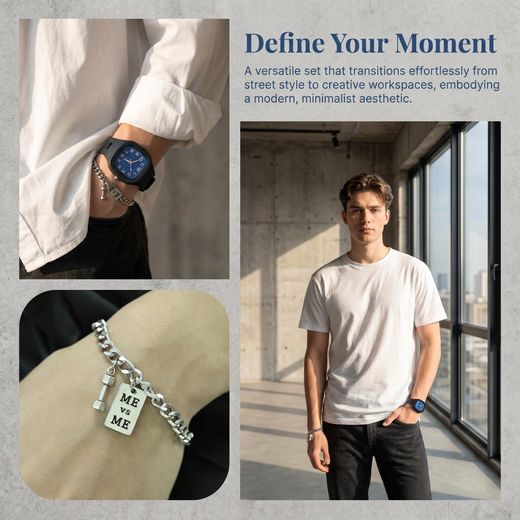 Fashion Coffret cadeau homme : montre à quartz boîtier carré assorti d'un bracelet métallique, montre décontractée tendance à bracelet silicone noir - image 4