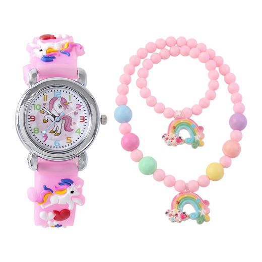 Fashion Montre 3 en 1 pour enfant avec collier arc-en-ciel et bracelet - Rose