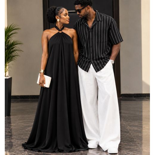 Sans Nom : Ensemble couple assorti – Chemise homme à motifs et robe longue femme