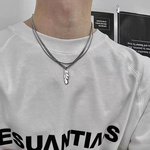 Fashion Collier double-couche pour homme avec pendentif plume et chaîne cubaine