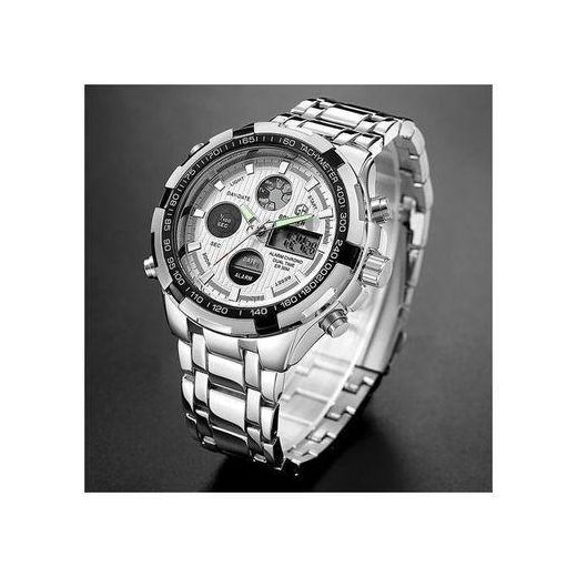 Quamer Montre Homme Argent avec Cadran Analogique & Digital
