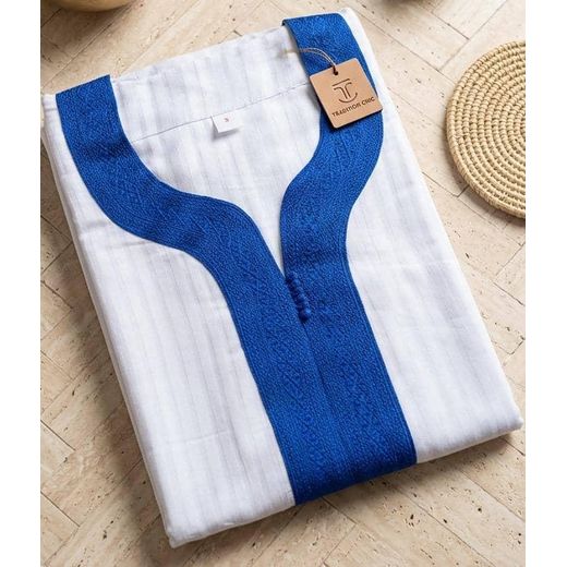 Fashion Boubou marocain pour homme blanc et broderie bleu - image 2