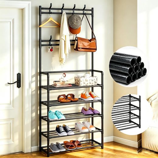 Generic Étagère à Chaussures 5 Niveaux avec Porte-Chapeaux, Métal Résistant
