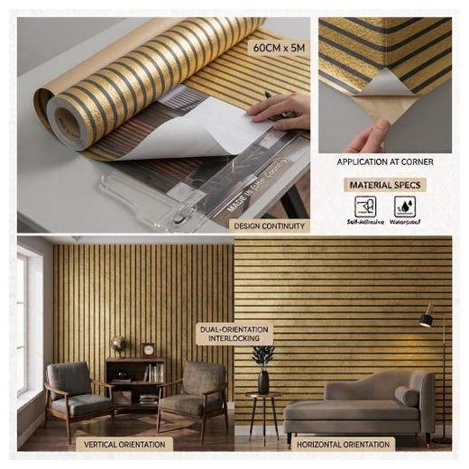 Generic Papier Peint Adhésif Rayures Luxe Doré Et Noir Effet 3D 58cm x 3m - Rouleau Autocollant Étanche Pour Mur & Meuble - Single Unit - image 2