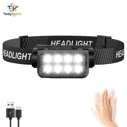 TodyJeyHo Lampe frontale rechargeable, 8 LED 2500 lumens ultra-légère et lumineuse avec capteur de mouvement, étanche, légère, lampe frontale pour adultes et enfants, lampe frontale pour le camping en plein air, la course, la pêche
