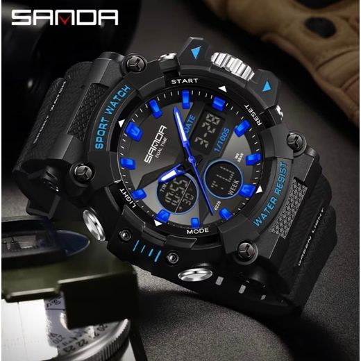 Sanda Montre Homme 6225 Sport Analogique & Digitale – Étanche 50M, LED, Chronomètre – Design Militaire Noir/Bleu - image 2