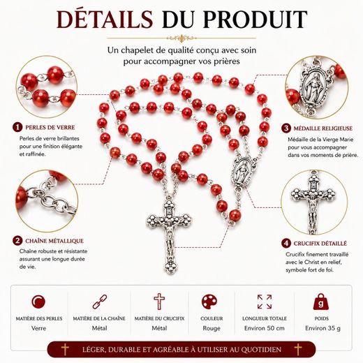 Fashion Chapelet Catholique en Perles de Verre Rouges – Collier de Prière Chrétien avec Crucifix Métallique - image 4