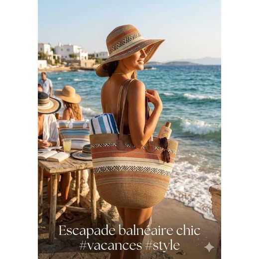 Fashion Ensemble Sac en Paille + Chapeau Femme –Plage-marron - image 2