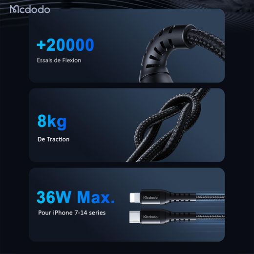 Mcdodo Câble USB-C vers LIGHTNING Fast Charge 36W - Pour iPhone 6-14 - En Nylon Tressé - 1 Mètre - Noir - image 2
