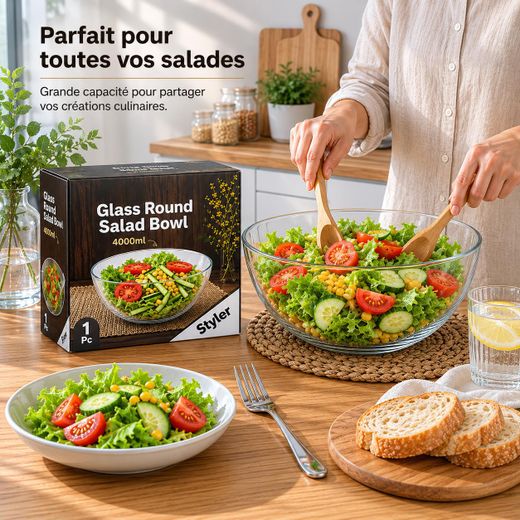 Generic Bol à Salade Rond en Verre 4000 ml – Grand Bol Transparent Multifonction pour Salades, Fruits, Snacks, Desserts, Mélange et Préparation de Pâte