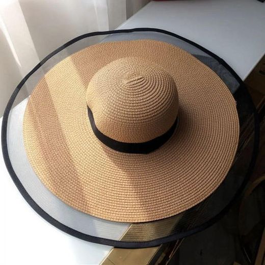 Generic Chapeau de plage en Paille Grand Bord Noir ,stylé contre soleil MARRON