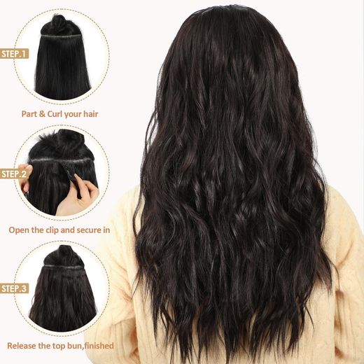 Generic Perruque longue et ondulée pour femme, brun foncé, en 7 pièces à clips invisibles — perruque épaisse. - image 2