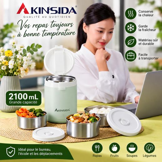 Lunch Box Isotherme en Acier Inoxydable 2100 ml – Grande Capacité – Boîte Repas avec Compartiments – Conserve Chaud et Froid