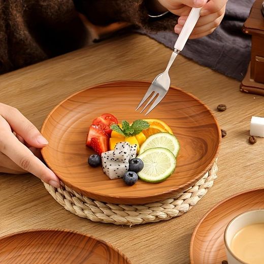 Generic Lot de 5 assiettes en plastique épais imitation bois (19,5 cm × 2,5 cm) - image 3