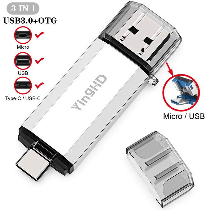 YingHD Clé USB OTG 3 En 1 32 Go Pour PC De Type C Android Argent