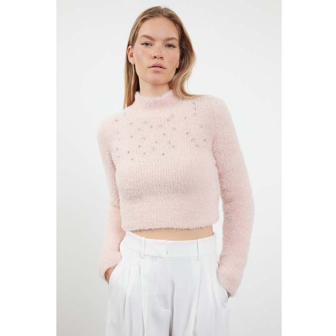 product_image_name-Trendyol-Pull En Maille Texturé Doux Orné De Perles Powder Crop TWOAW25KZ00143  Rose-2