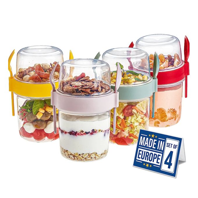 Lot de 4 gobelets à yaourt à emporter avec cuillère - 400 ml