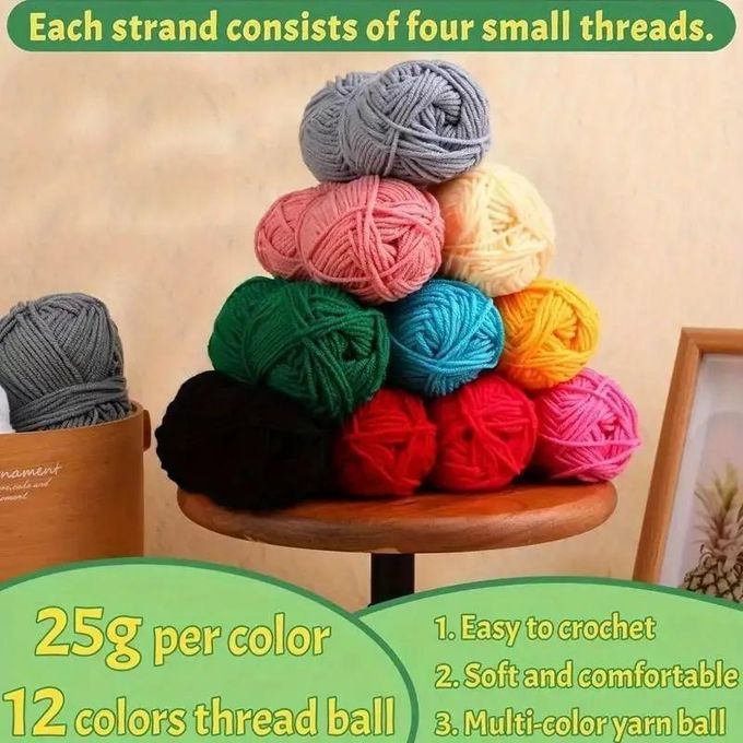 Pack Variété De 12 Rouleaux De Fil à Crochet - Multicolore Et Différents Types