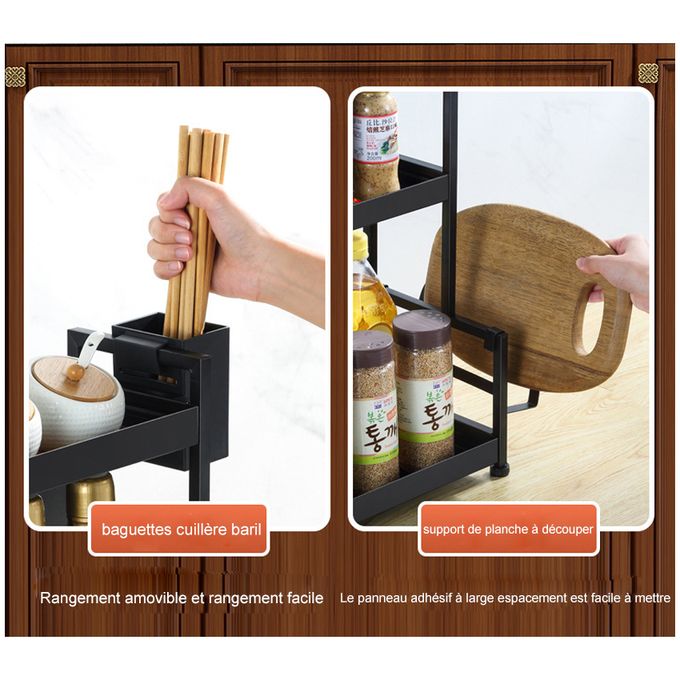 Étagère de rangement de cuisine robuste - Organisateur polyvalent pour  épices et condiments - Noir, 3 étages, avec crochets et porte-baguettes