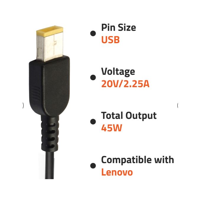 Chargeur LENOVO 20V 2.25A Bout USB + Câble - Noir