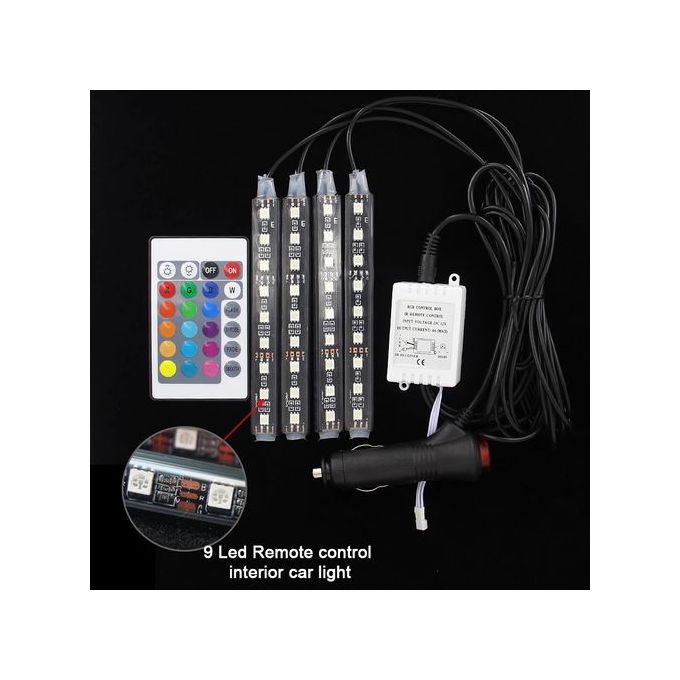 Generic 4 Pièces Voiture RGB LED Bande Lumière Voiture Style Décoratif  Atmosphère Lampes Voiture Intérieur Lumière Avec Télécommande - Prix pas  cher