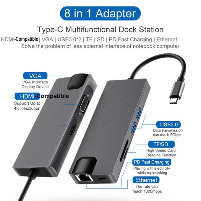 Adaptateur Type-C Vers HDMI 8 En 1