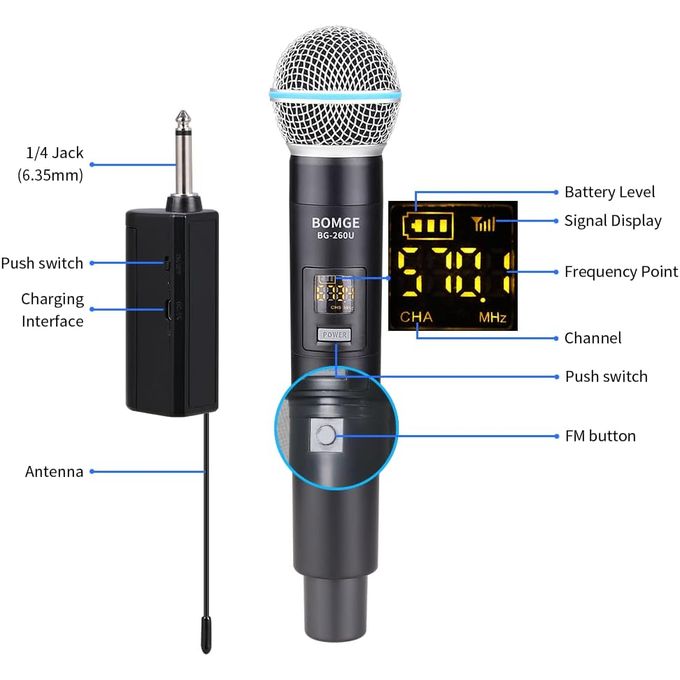 product_image_name-BOMGE-Microphone Sans Fil BOMGE BG-260U Avec Récepteur Rechargeable, Adapté Au Chant Karaoké, Aux Fêtes, à L'église, En Salle De Classe-2