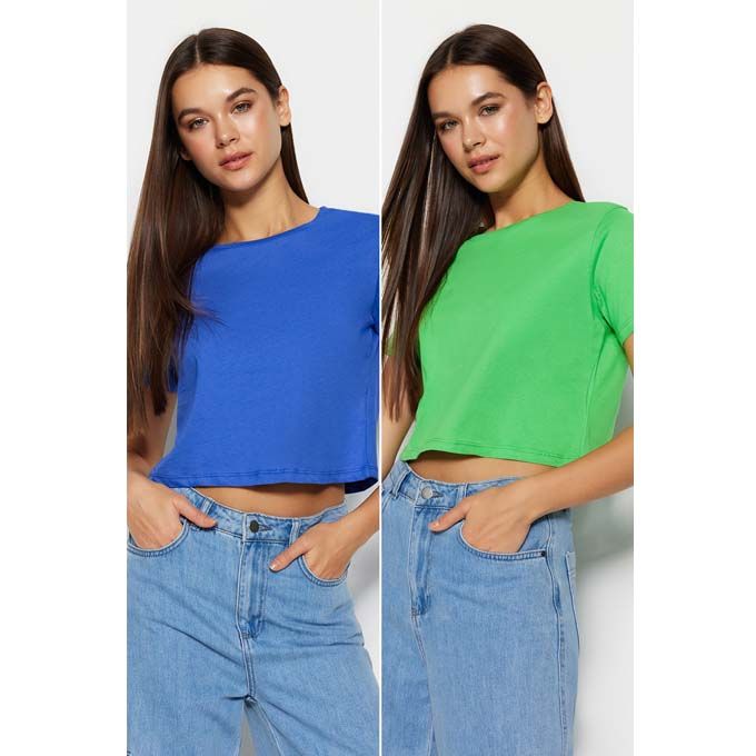 product_image_name-Trendyol-Lot De 2 T-Shirts Courts À Col Rond En Coton 100 % Bleu-Vert TWOSS20TS1480-1