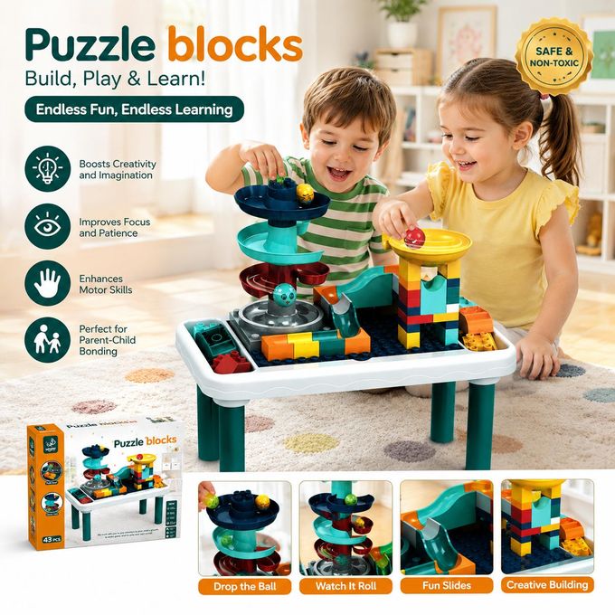 Generic Puzzle Blocks Marble Run Table – Jeu éducatif de construction 43 pièces pour enfants - image 3