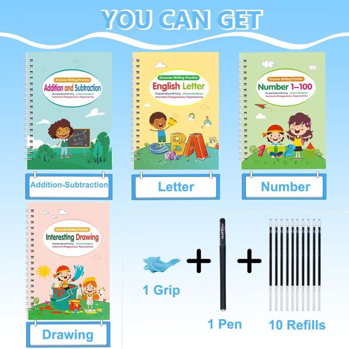 Apprentissage écriture Chiffres Cahiers D'Écriture Magique A4 - 4 Livres Avec Stylo - Apprentissage Écriture, Chiffres, Dessin - Enfants 3-7 Ans Kit éducatif Anglais Dessin Calcul