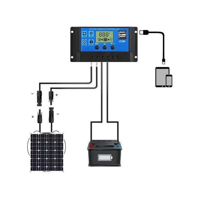 Régulateur Solaire 10A Y&H - Contrôleur Charge Panneau Solaire 12V/24V Avec USB Double Port + LCD + Timer Lumière