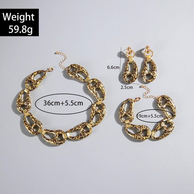 Parure Bijoux Vintage Collier + Bracelet – Doré, Motif Léopard Et Maillons, Top Qualité