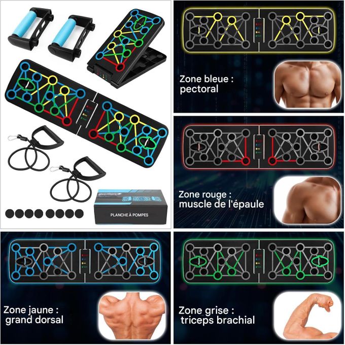 Planche De Pompes Avec Compteur Et Bandes De Résistance – Poignées Antidérapantes, 4 Zones De Musculation, Charge Max 300 Kg