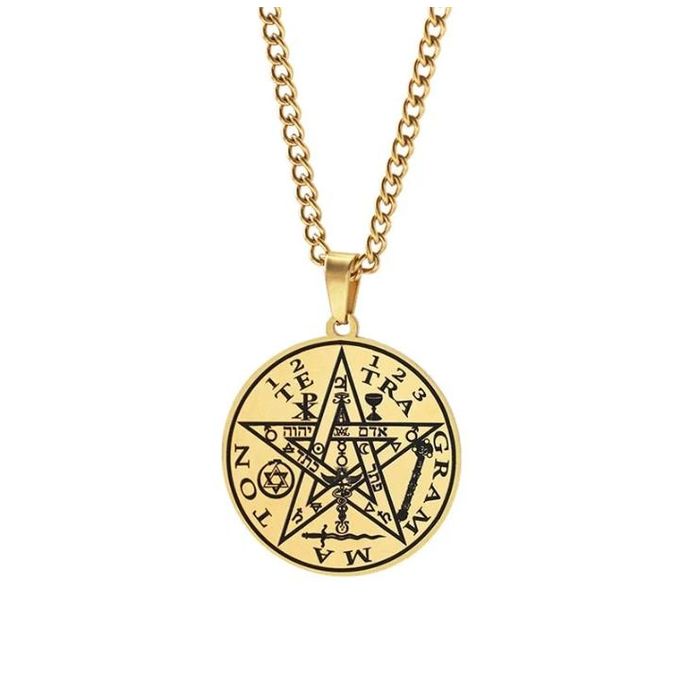 Collier Pendentif Pentacle Théban – Amulette Prospérité – Bijou Païen – Argent/noir (neuf)
