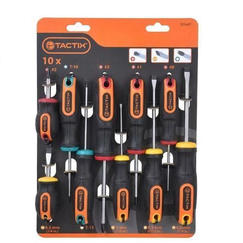 Jeu de 10 Tournevis Professionnels TACTIX - Pointes Magnétiques en Acier Chrome Vanadium - Manches Ergonomiques Antidérapants - Sélection Complète Phillips, Plats et Torx - Qualité Industrielle pour Atelier et Maison