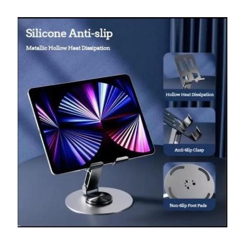 Support de Tablette et telephone en métal pliable dispose d'une base pivotante à 360 degrés pour ajuster l'angle de vue.
