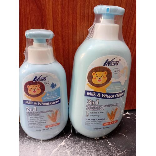 Duo Soins Bébé Nary Milk & Wheat Germ - Shampooing 3en1 & Lotion 2en1, Formule Sans Larmes 100% Naturelle