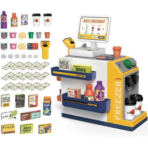 deAO 2 en 1 Supermarché pour Enfants Jeu de Machine À Café, Accessoires avec Argent Fictif, Accessoires De Magasin, Caisse De Magasin avec Scanner Et Son, Jeu de Rôle pour Enfants 3+