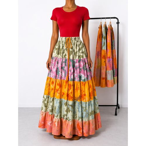 Jupe Longue Bohème Multicolore + Haut rouge – Ensemble Femme Chic Taille Haute