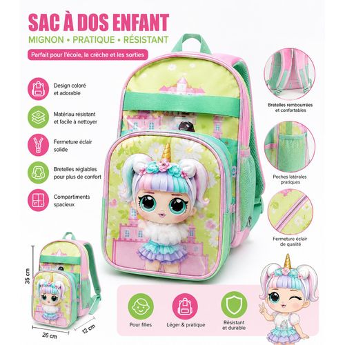 Sac à Dos Enfant Licorne – Cartable Scolaire CE1-CE2 – Rose et Vert