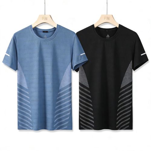 Pack de 2 T-shirts Homme Noir & Bleu – T-shirts Manches Courtes Léger et Respirant