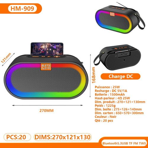 Enceinte Bluetooth portable avec poignée textile et bande lumineuse RGB circulaire synchronisée, puissance 25W, support pour téléphone et port micro pour maison et sorties extérieures