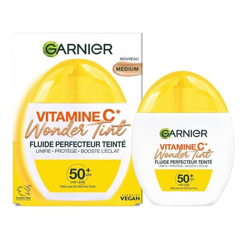 GARNIER, , Fluide Perfecteur, SkinActive Vtmne C, Teinté Wonder Tint SPF50+ - Soin Teinté Visage Protecteur - Unifie, Hydrate & Réduit les Taches Brunes - Tous Types de Peaux - Teinte Medium - 40 ml Importé de France