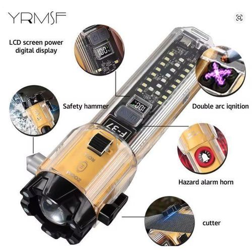 Hyper puissant Lampe torche LED étanche, outil de sauvetage, fonction marteau, mise au point réglable