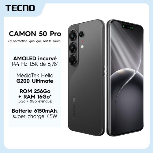 Camon 50 Pro - 6,78 - AMOLED incurvé - 4G - G200 Ultimate - 16Go(8+8) RAM - 256Go ROM - 32MP/50MP/50MP - 6150 mAh - Super Charge 45W - NOIR