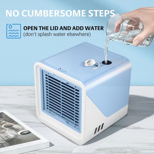 Climatiseur portable 3-en-1, humidificateur et ventilateur avec éclairage d'ambiance – Appareil compact alimenté par USB pour la maison – Bleu
