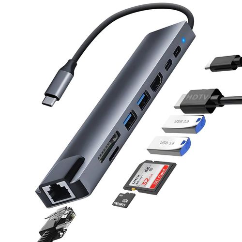 Hub USB-C 8-en-1 Station d'accueil UHD 4K30Hz PD100W Multi-splitter Type-C USB 3.0 pour connexion réseau vers PC