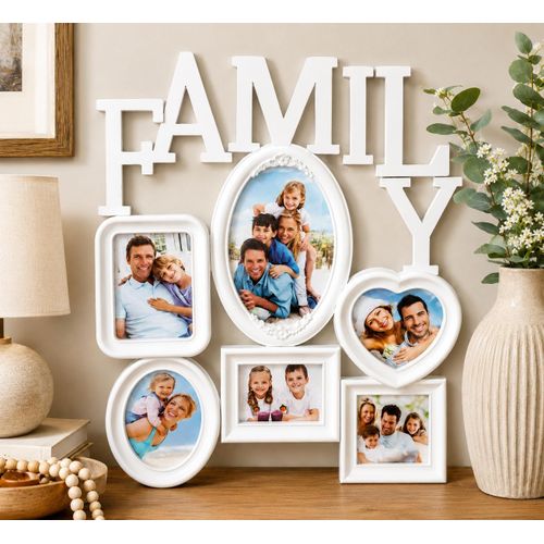 FamilyJoy Cadre Photo Mural Family 6 Photos – Décoration Murale Familiale Blanche avec Cadres Ovales, Rectangulaires et Cœur – Porte-Photos Multivues pour Salon, Chambre et Bureau