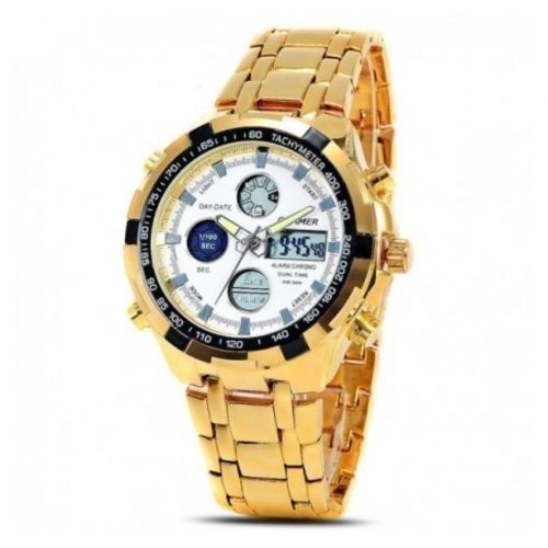 Montre Dual Chrono Analogique Et Numérique Quamer Or Fond Blanc